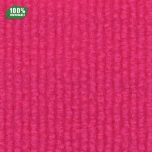 Bright pink ribbed fabric close-up with a small green '100% recyclable' badge in the top-left corner.