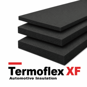 Three black automotive insulation foam boards stacked on a white background with Termoflex XF branding at the bottom.